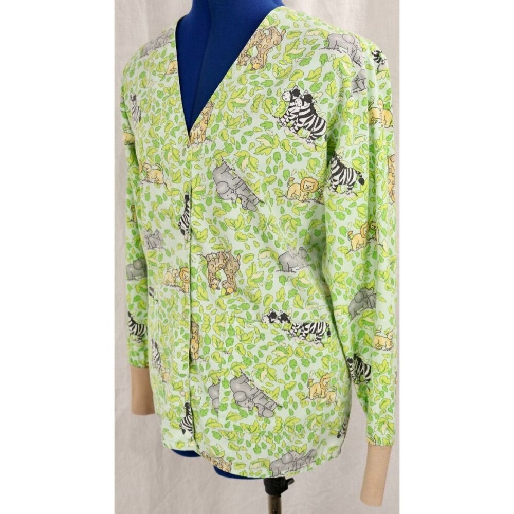 Melrose Mayhill Scrub Top Women's XS Green Safari Animal Leaf Print Medical VTG - Picture 2 of 10